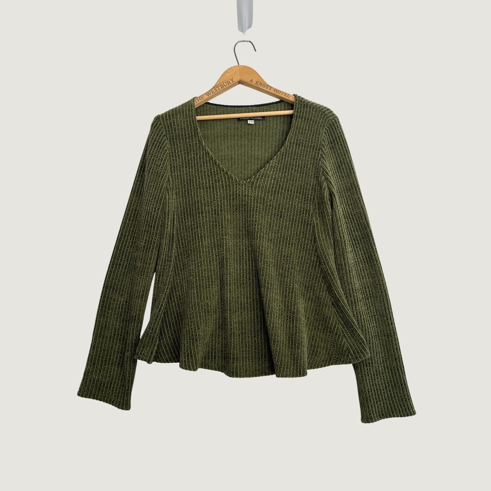 Shelley Klassen Olive Green Ribbed V-Neck Peplum Sweater Size Large